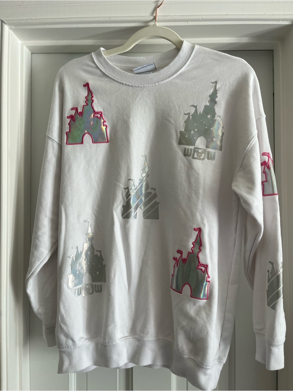 Disney White Sweatshirt with Iridescent Castle Patches and Pink Trim